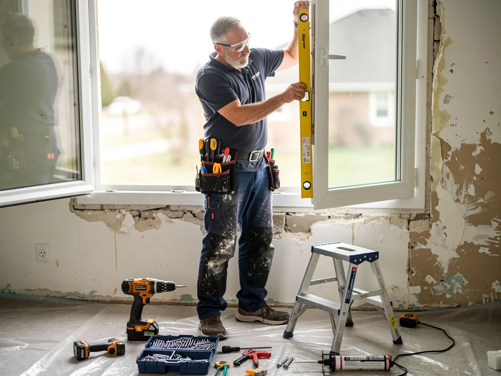 Artisan RGE posant une fenêtre neuve sur un chantier de rénovation